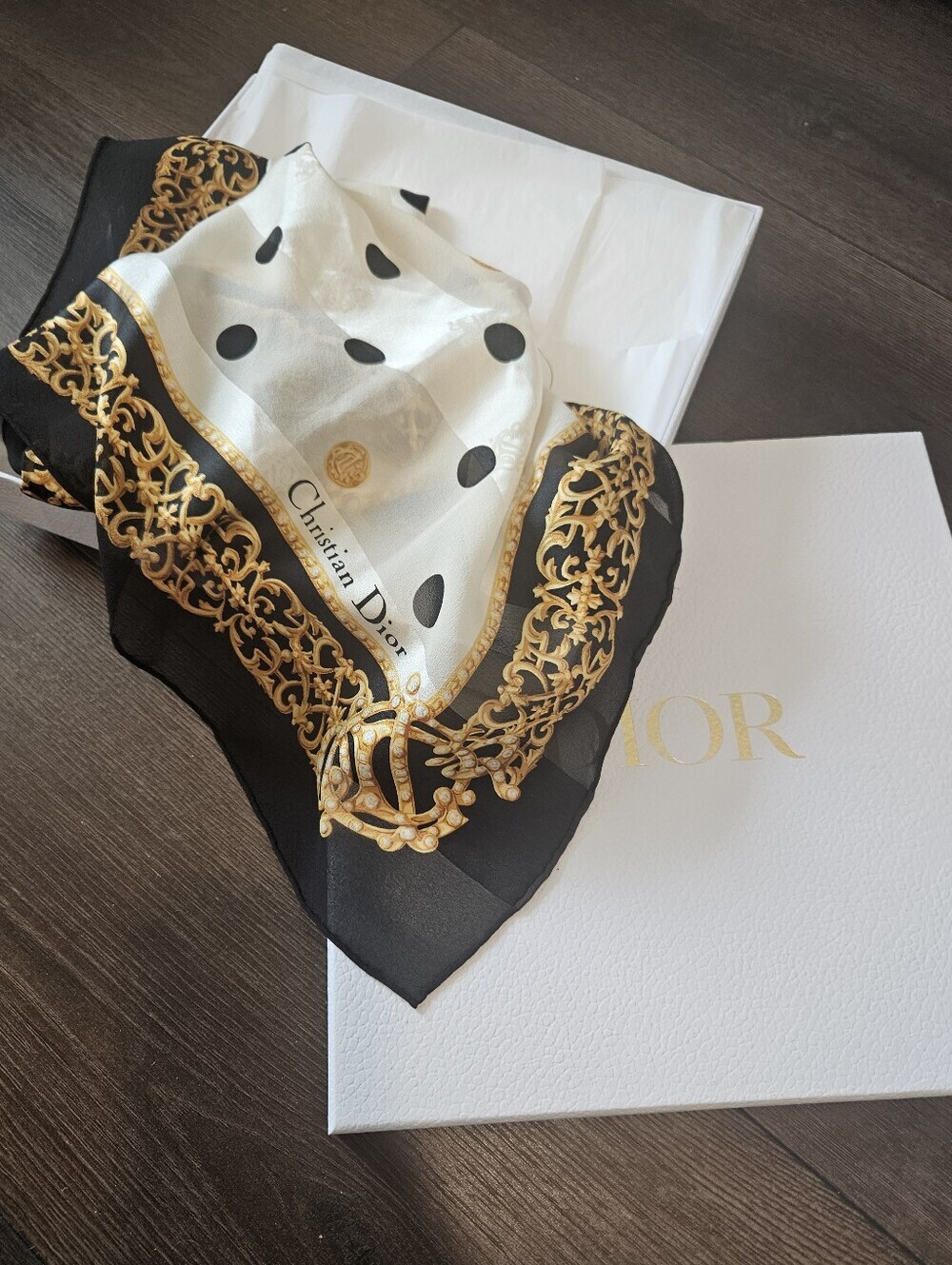 Christian Dior Vintage Emblem Logo Polka Dot Pattern Silk Scarf + Dior Hard Box